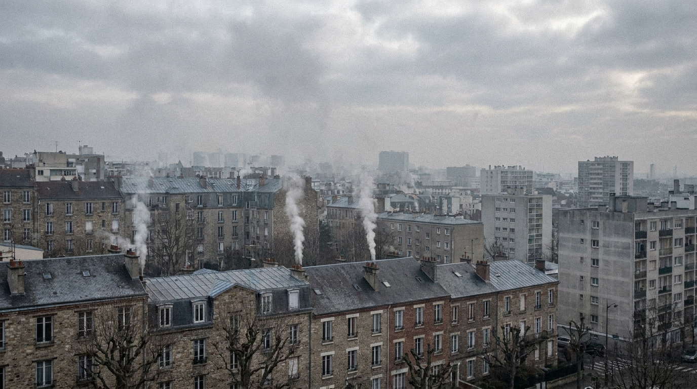 Smog i zagađen vazduh iznad stambenih zgrada tokom zimskog jutra